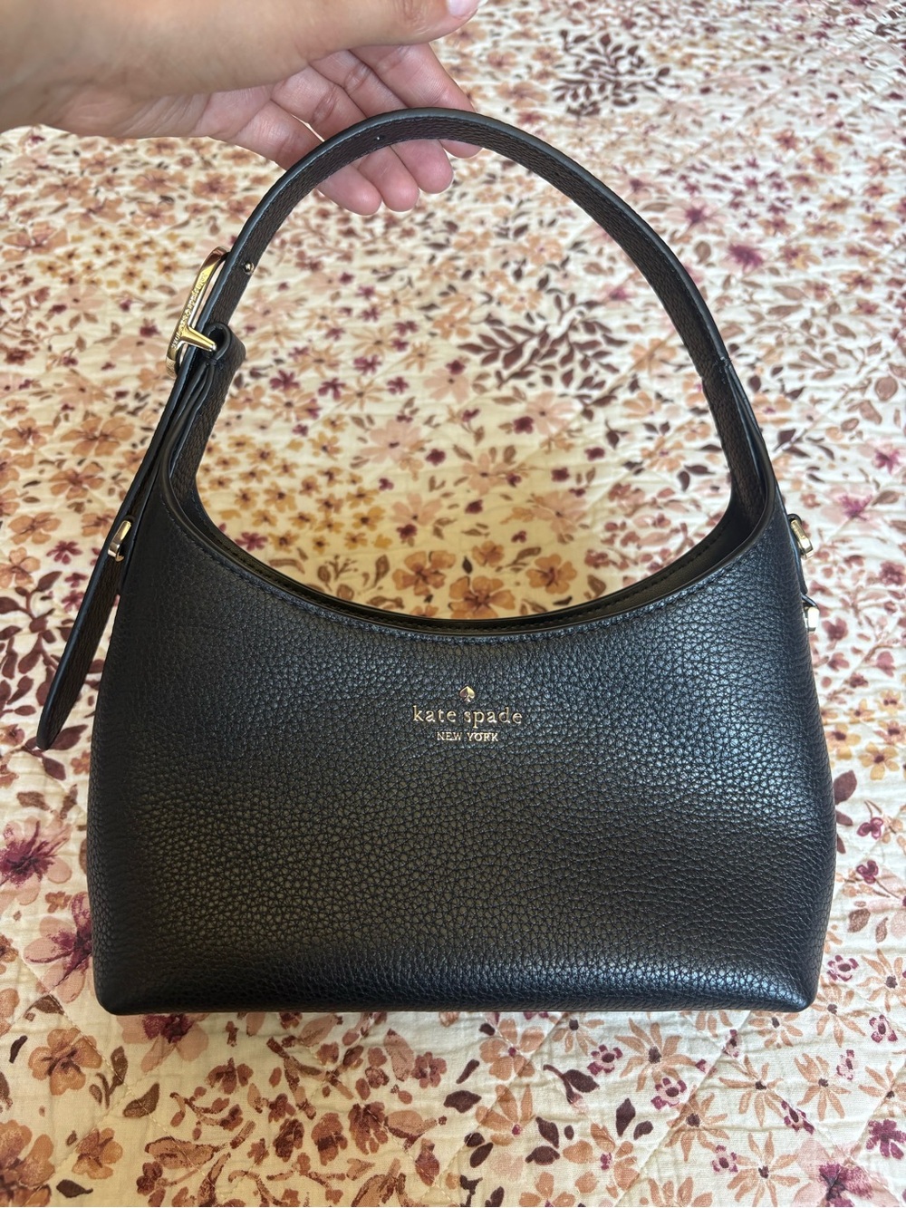 kate spade Black Pebbled Leather Hobo Shoulder Bag with Gold Logo